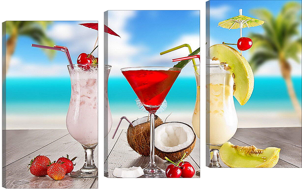 Модульная картина - Клубника, вишня и три  коктейля