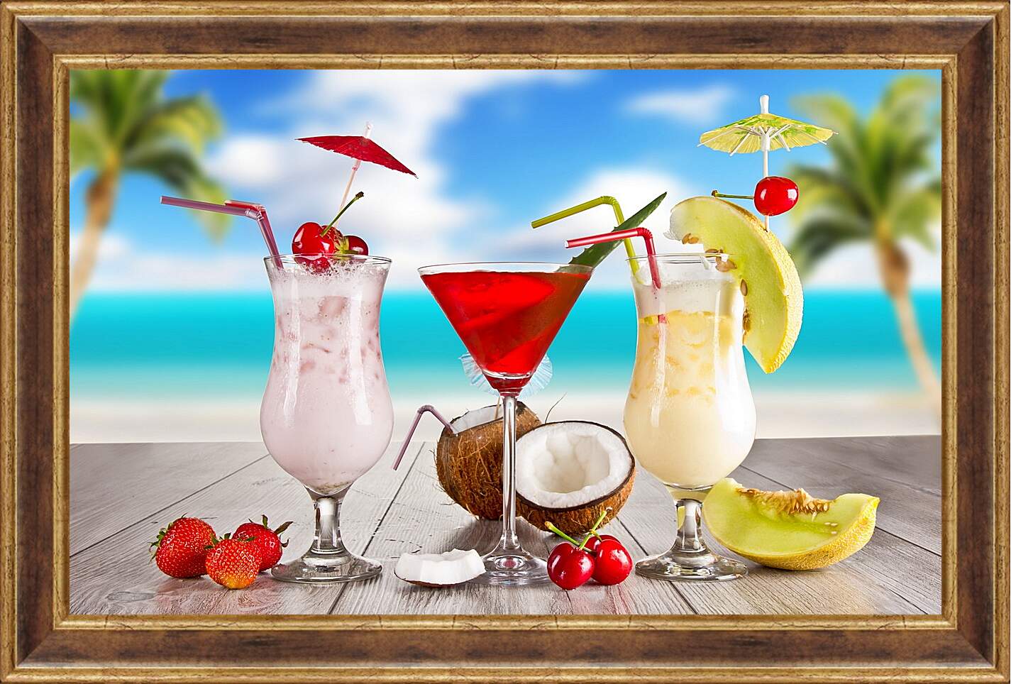 Картина в раме - Клубника, вишня и три  коктейля