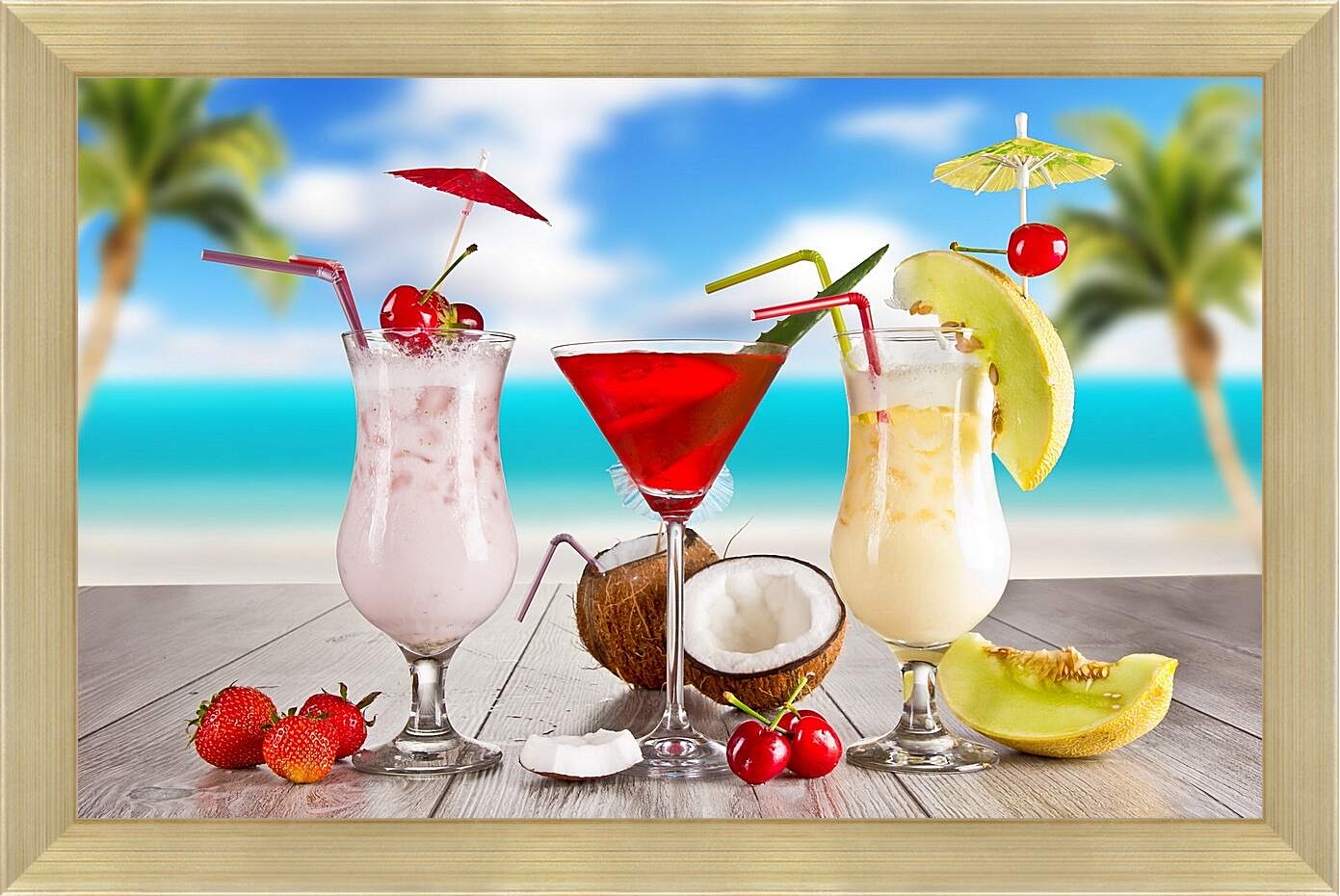 Картина в раме - Клубника, вишня и три  коктейля