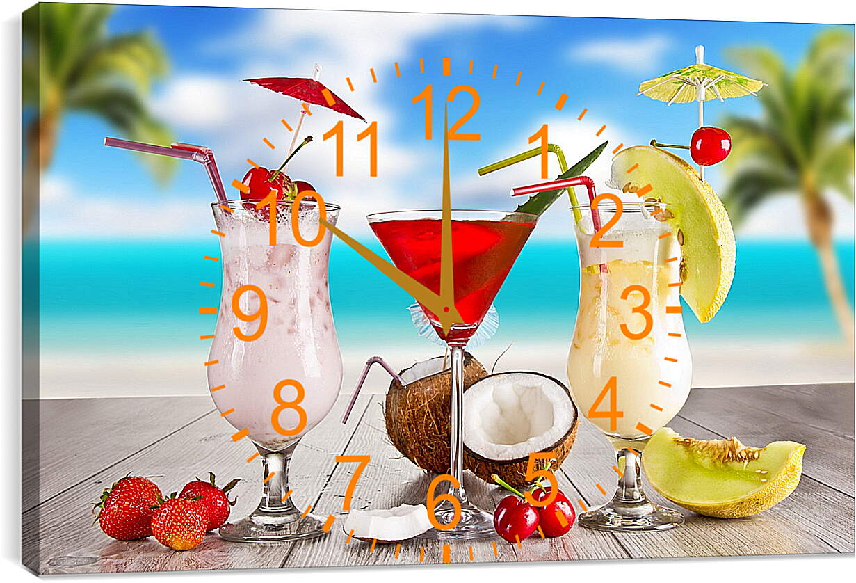 Часы картина - Клубника, вишня и три  коктейля