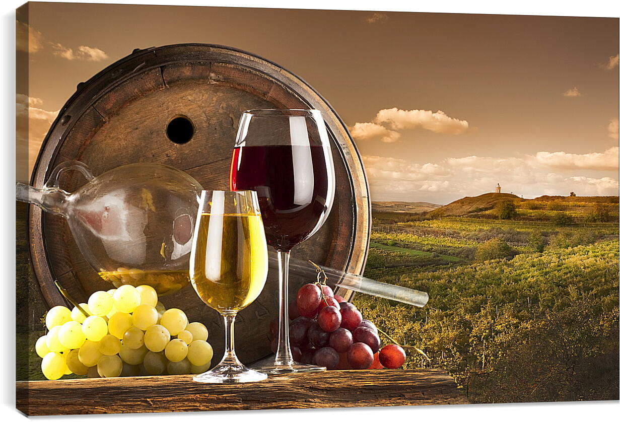 Постер и плакат - Бочка с дыркой, виноград и два бокала вина