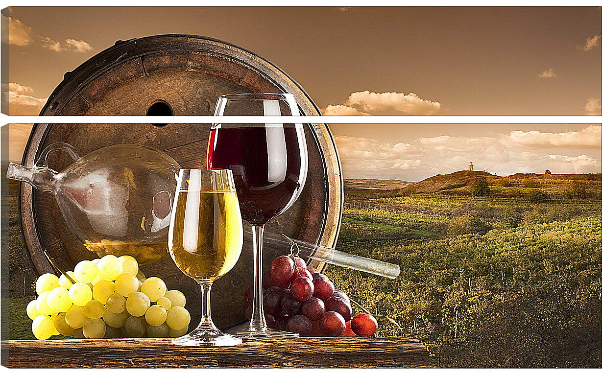 Модульная картина - Бочка с дыркой, виноград и два бокала вина