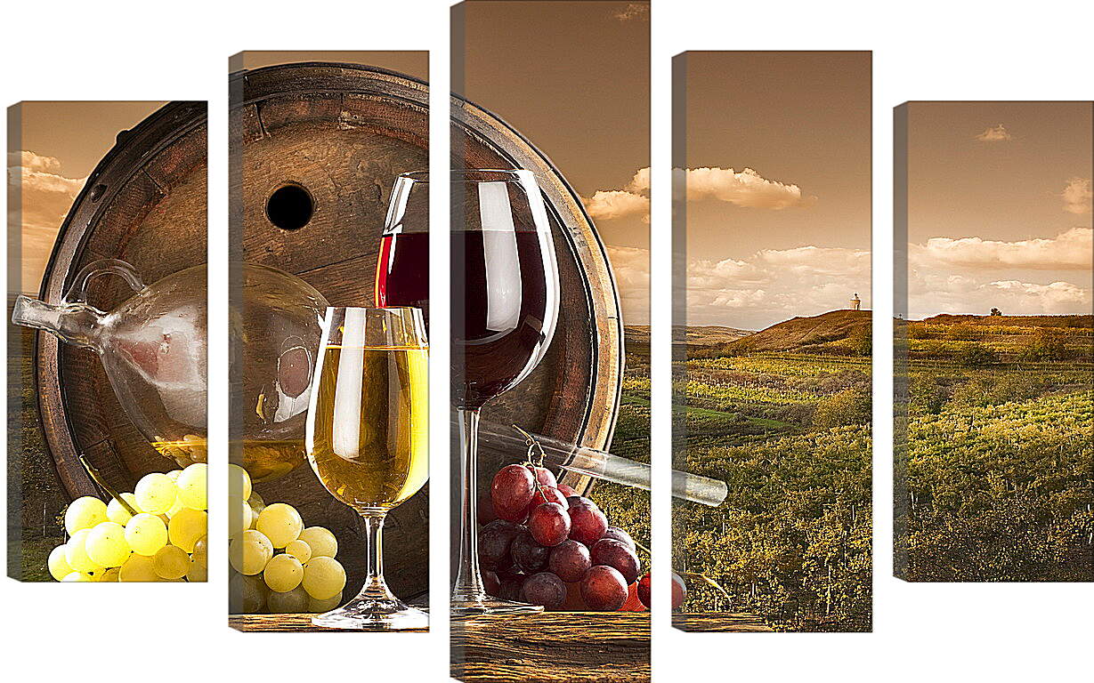 Модульная картина - Бочка с дыркой, виноград и два бокала вина