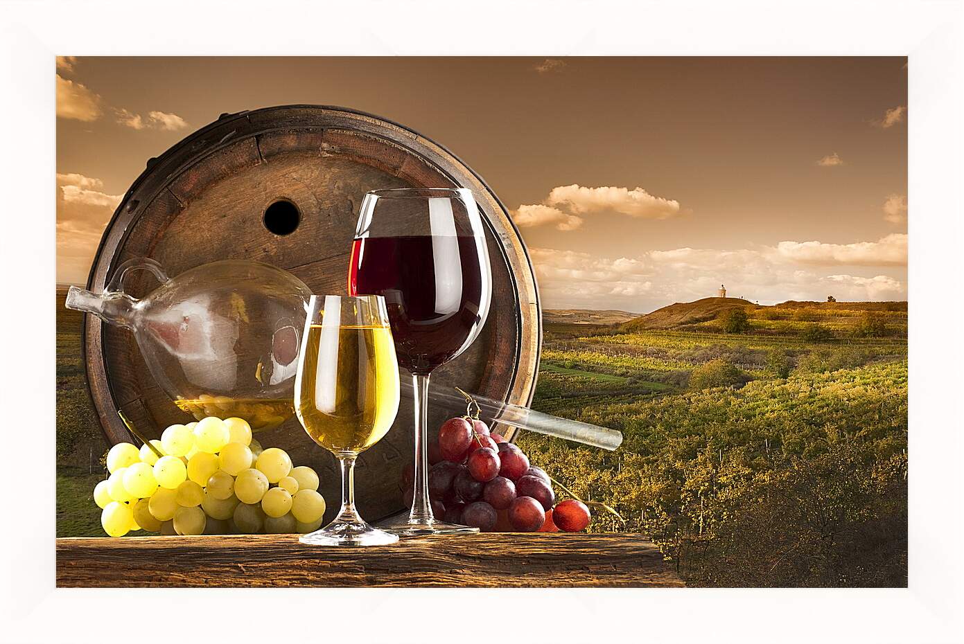Картина в раме - Бочка с дыркой, виноград и два бокала вина