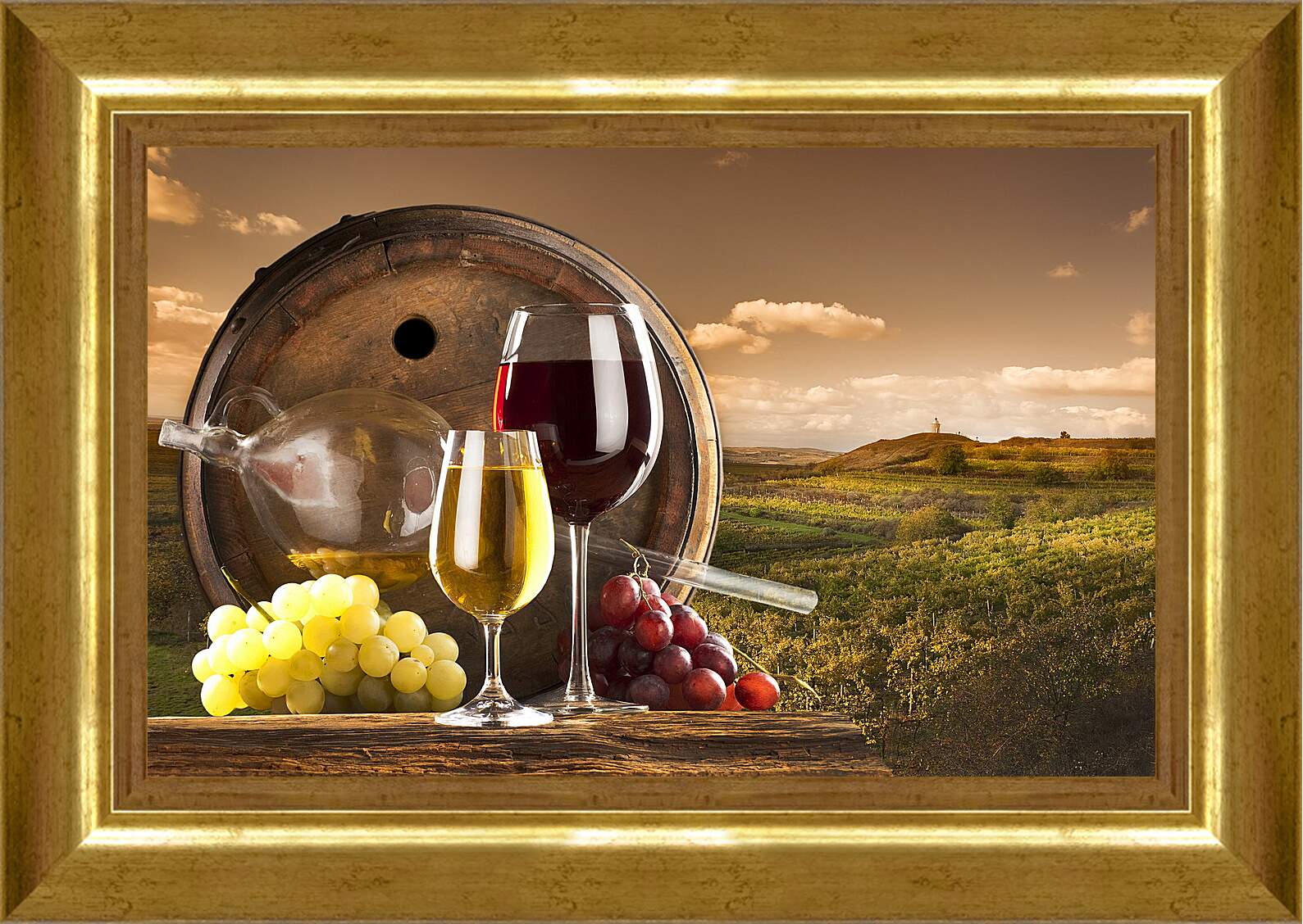 Картина в раме - Бочка с дыркой, виноград и два бокала вина