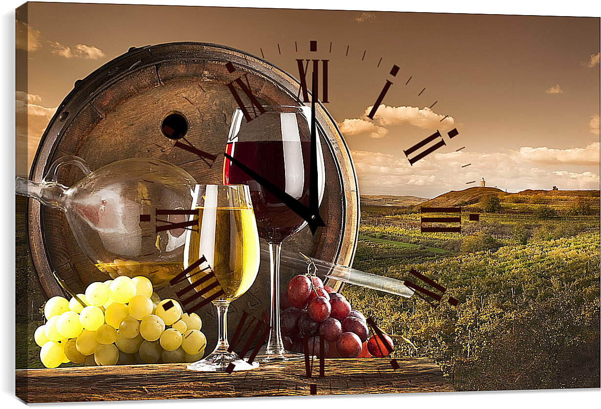 Часы картина - Бочка с дыркой, виноград и два бокала вина