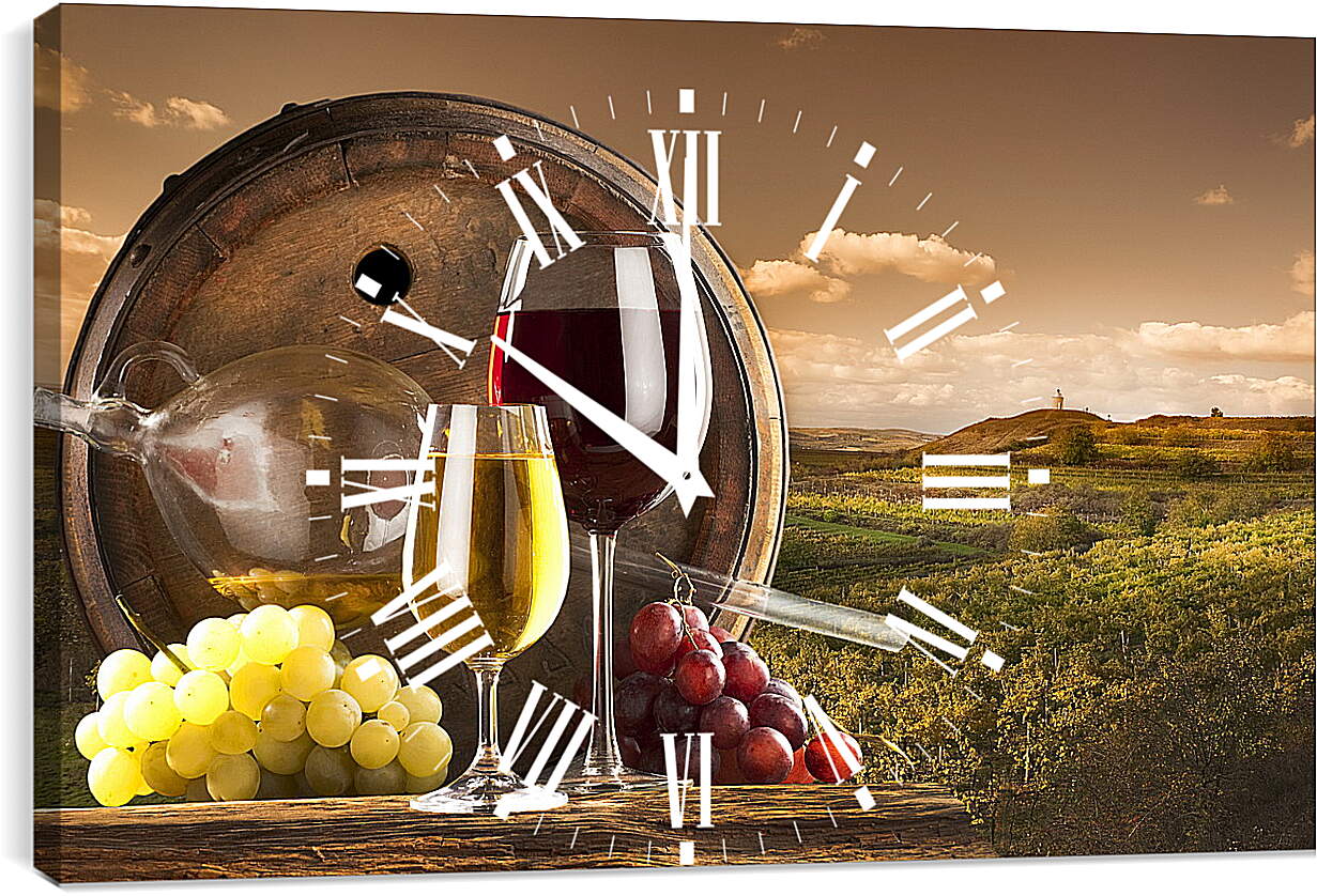 Часы картина - Бочка с дыркой, виноград и два бокала вина