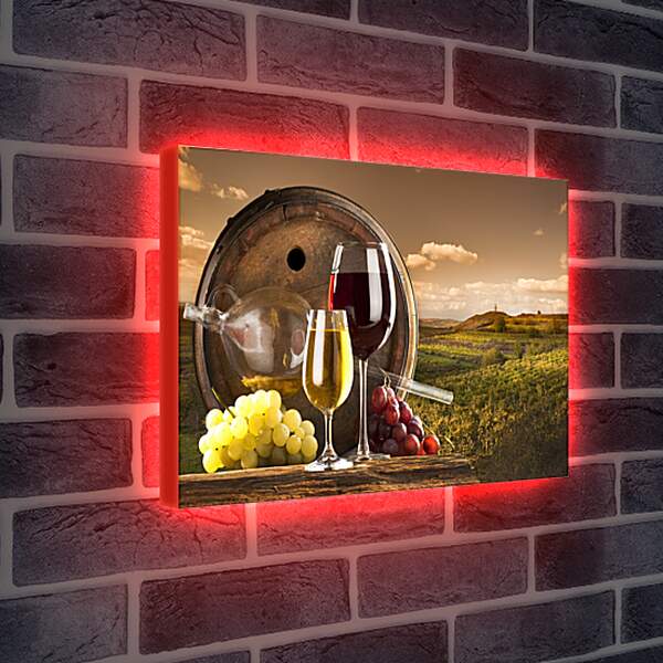 Лайтбокс световая панель - Бочка с дыркой, виноград и два бокала вина