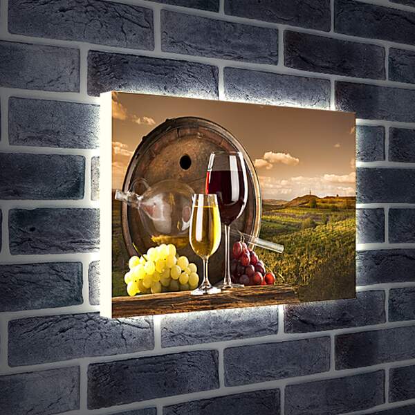 Лайтбокс световая панель - Бочка с дыркой, виноград и два бокала вина
