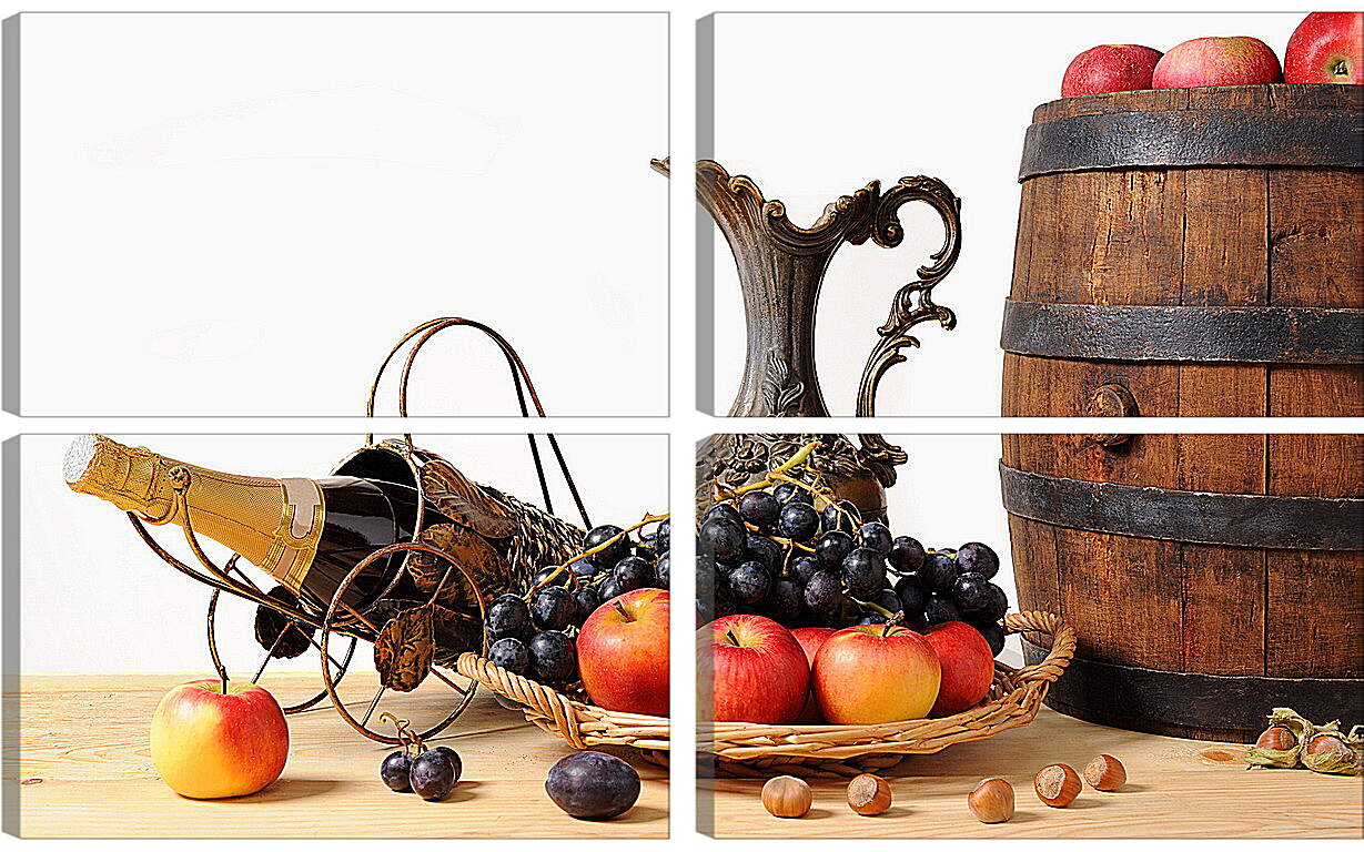 Модульная картина - Фрукты и ягоды в корзинке и яблоки на бочке