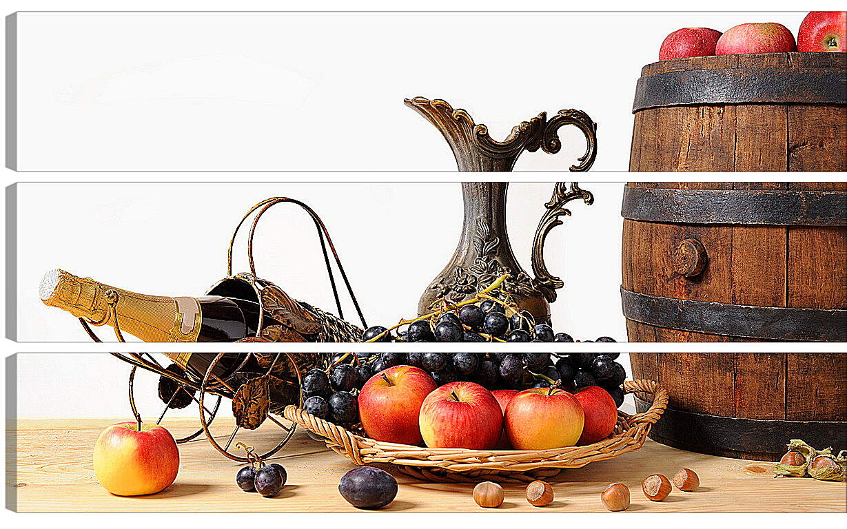 Модульная картина - Фрукты и ягоды в корзинке и яблоки на бочке