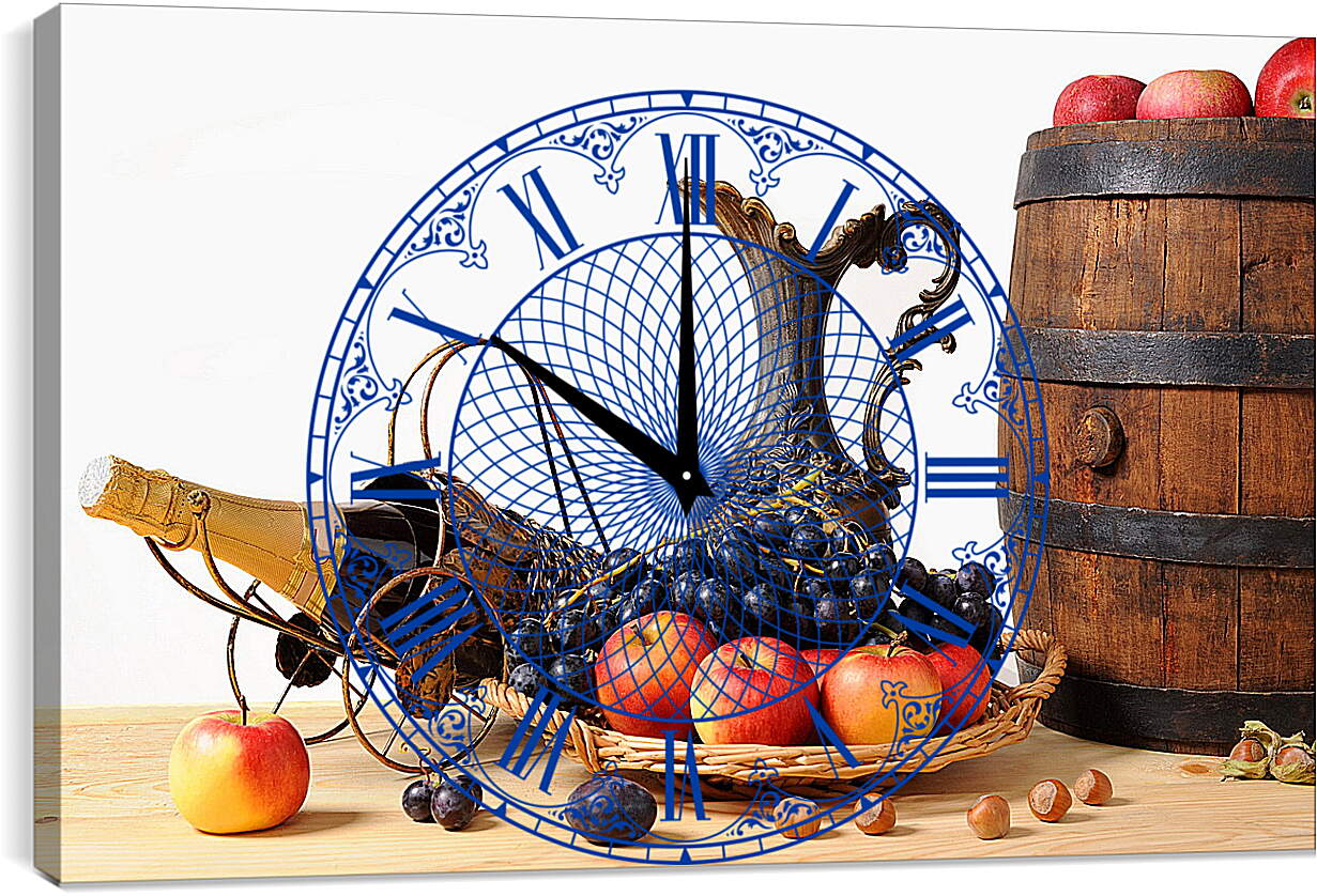 Часы картина - Фрукты и ягоды в корзинке и яблоки на бочке