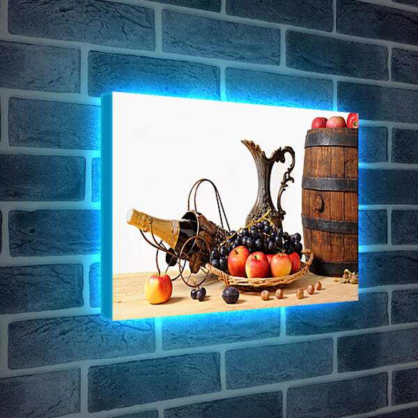 Лайтбокс световая панель - Фрукты и ягоды в корзинке и яблоки на бочке