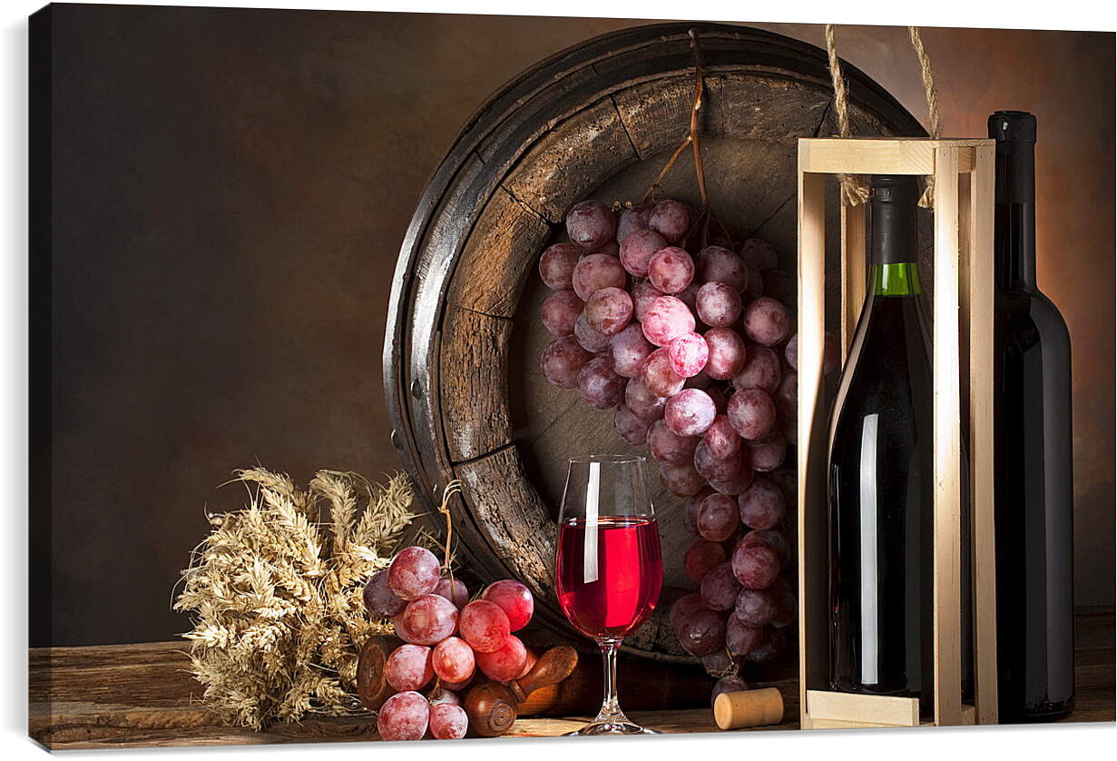 Постер и плакат - Бокал вина и гроздь винограда висящая на бочке