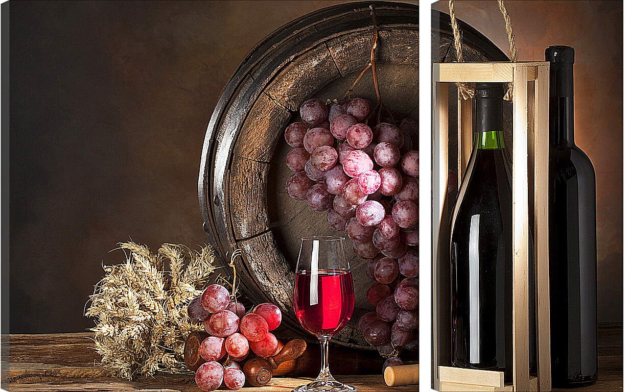 Модульная картина - Бокал вина и гроздь винограда висящая на бочке