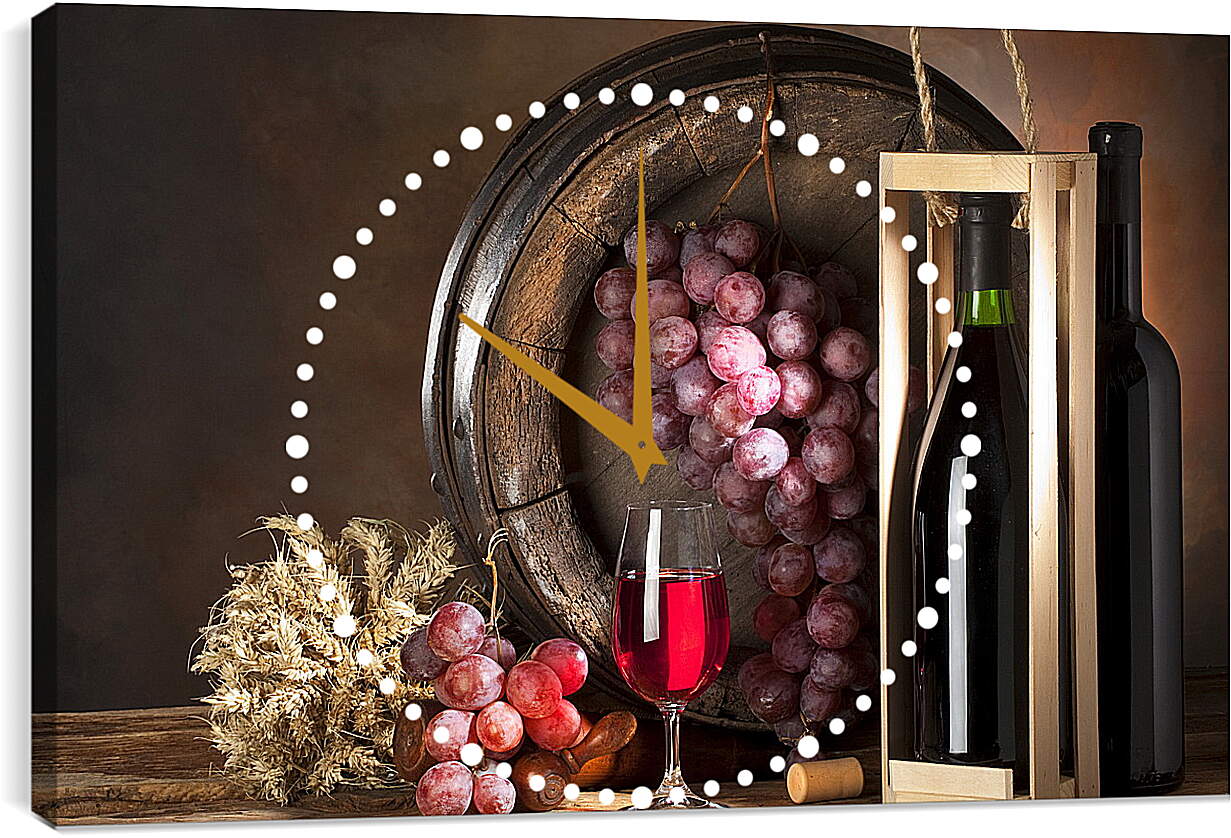 Часы картина - Бокал вина и гроздь винограда висящая на бочке