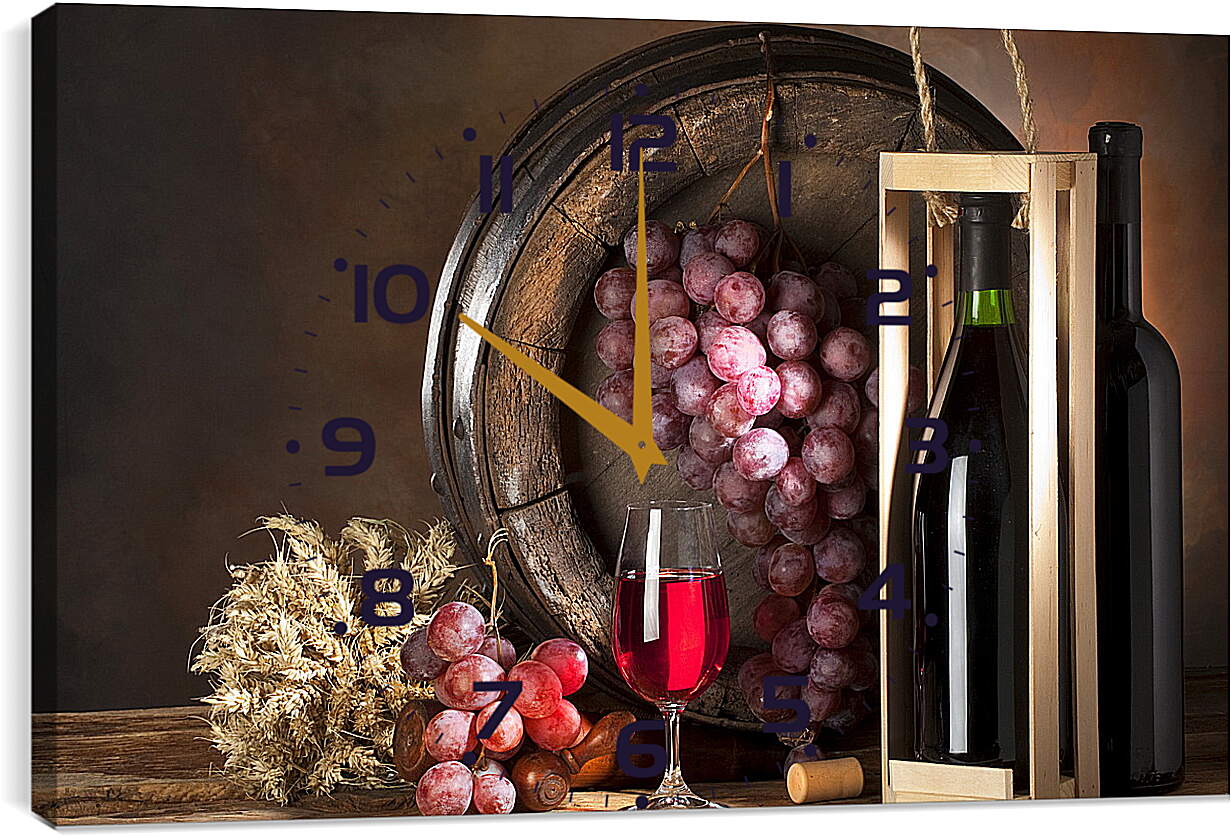 Часы картина - Бокал вина и гроздь винограда висящая на бочке