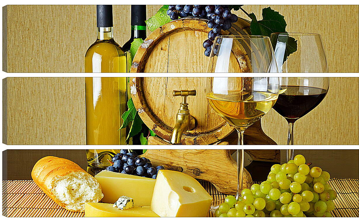 Модульная картина - Три грозди винограда, две бутылки вина и два бокала