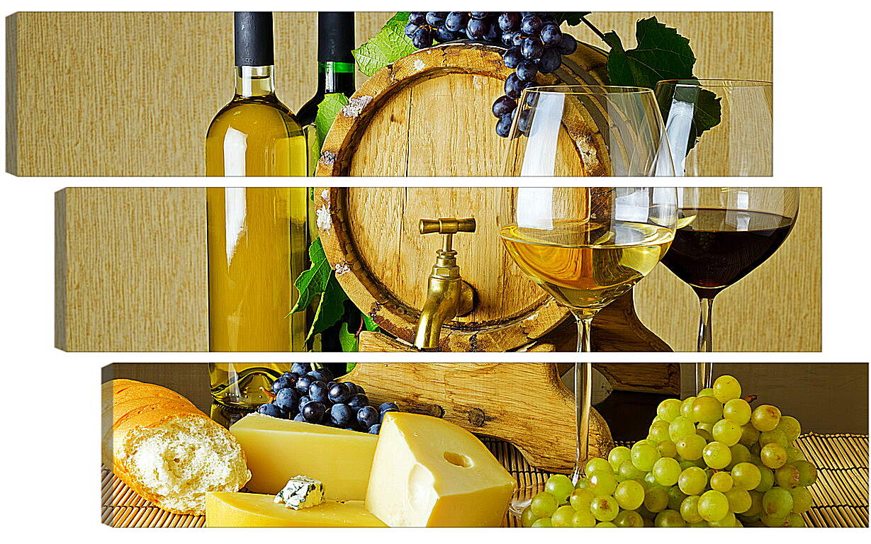 Модульная картина - Три грозди винограда, две бутылки вина и два бокала