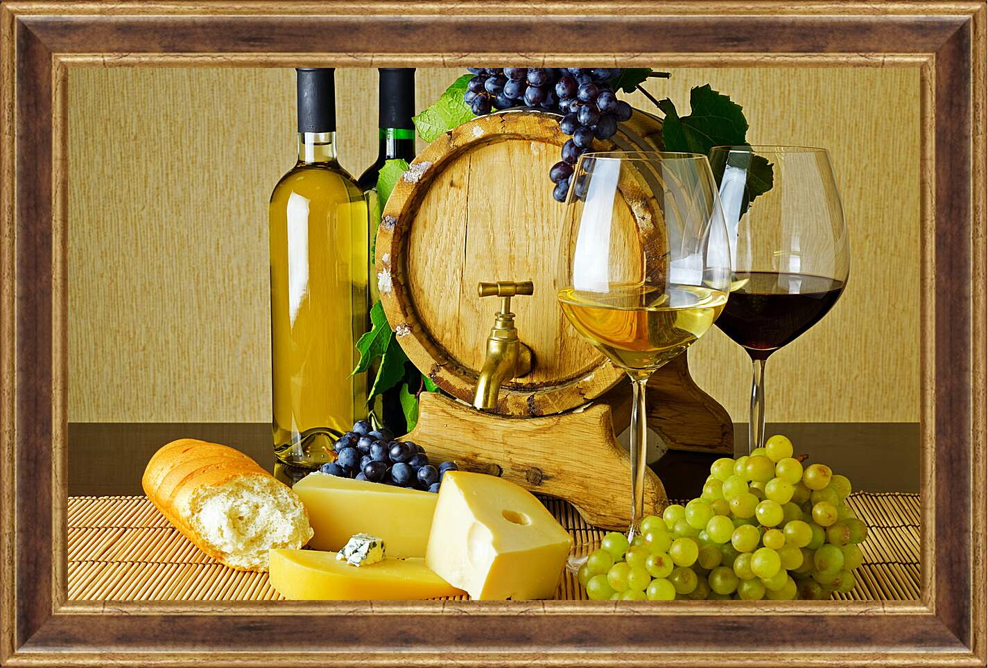 Картина в раме - Три грозди винограда, две бутылки вина и два бокала