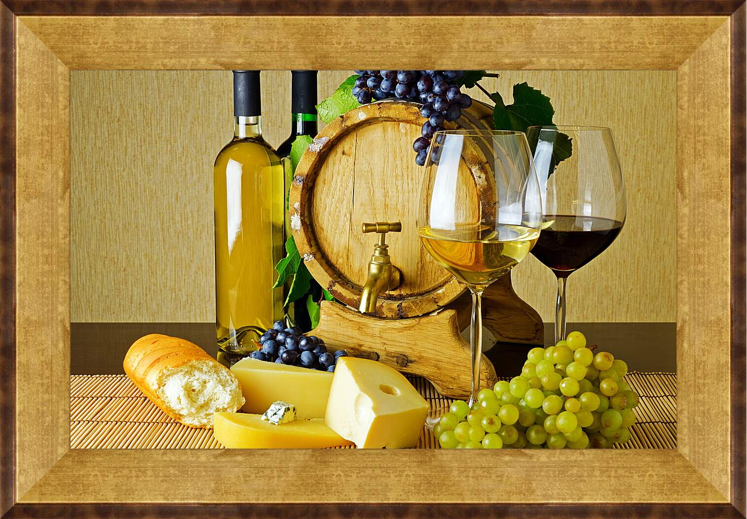 Картина в раме - Три грозди винограда, две бутылки вина и два бокала