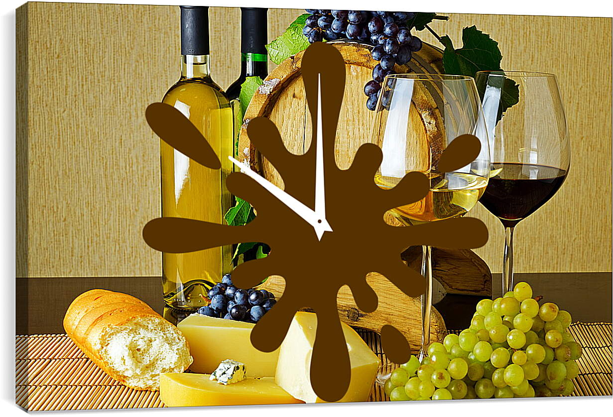 Часы картина - Три грозди винограда, две бутылки вина и два бокала