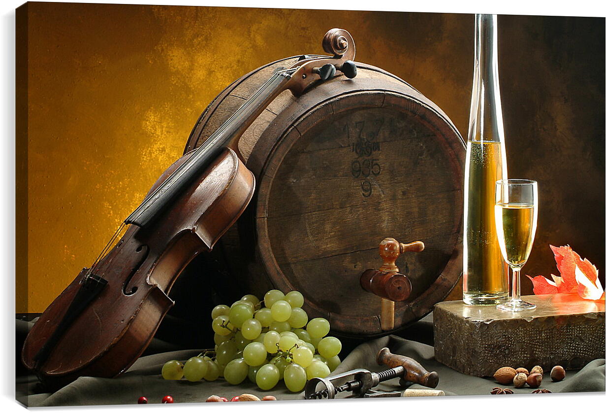 Постер и плакат - Скрипка, бочка, виноград, бутылка вина и бокал вина