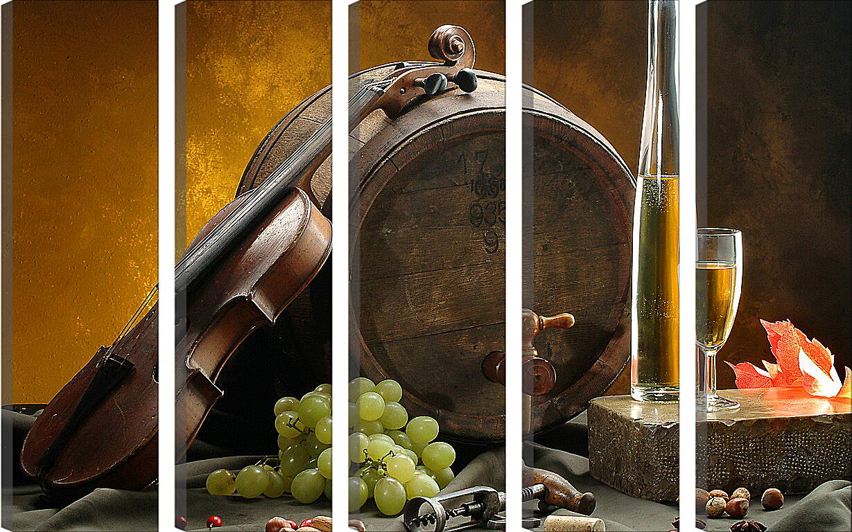 Модульная картина - Скрипка, бочка, виноград, бутылка вина и бокал вина