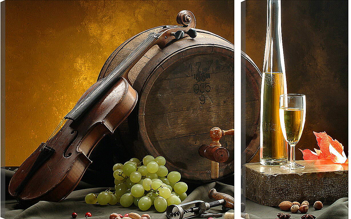 Модульная картина - Скрипка, бочка, виноград, бутылка вина и бокал вина