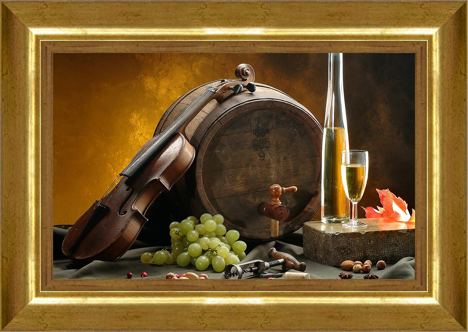 Картина в раме - Скрипка, бочка, виноград, бутылка вина и бокал вина