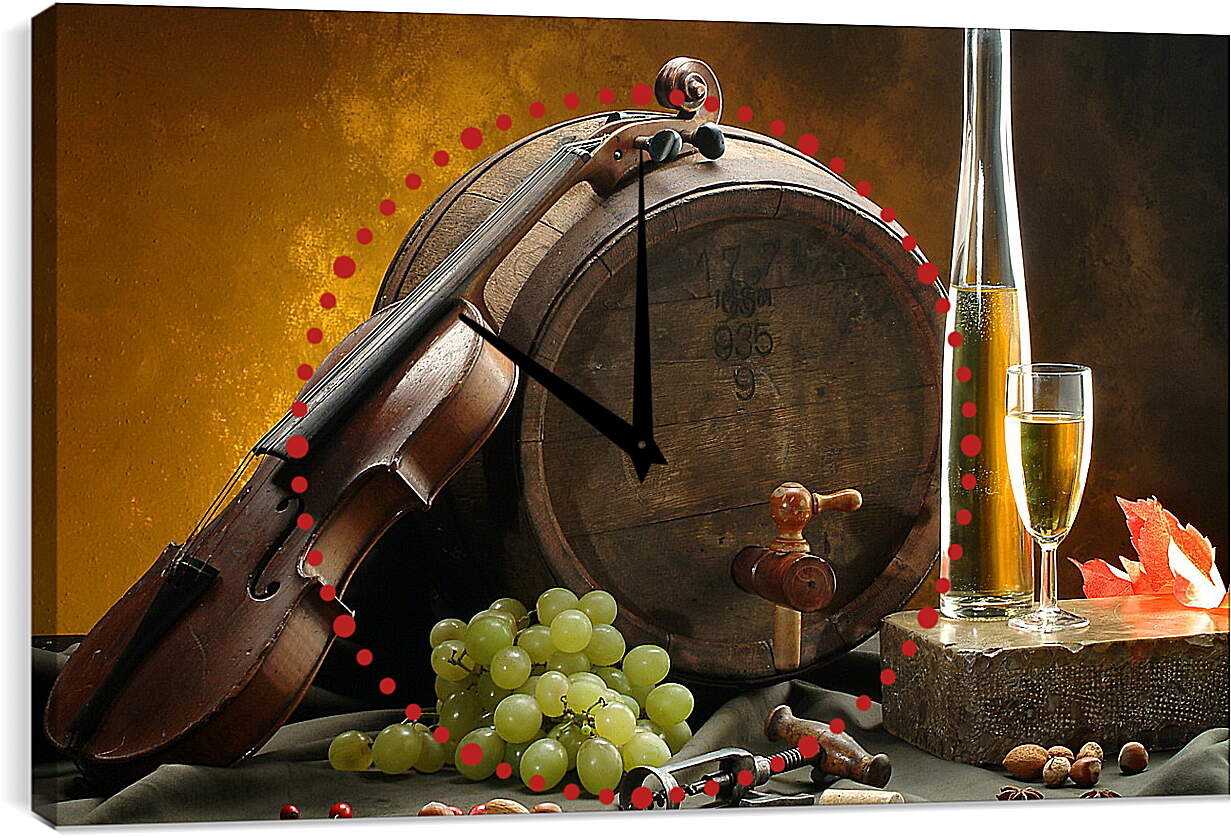 Часы картина - Скрипка, бочка, виноград, бутылка вина и бокал вина