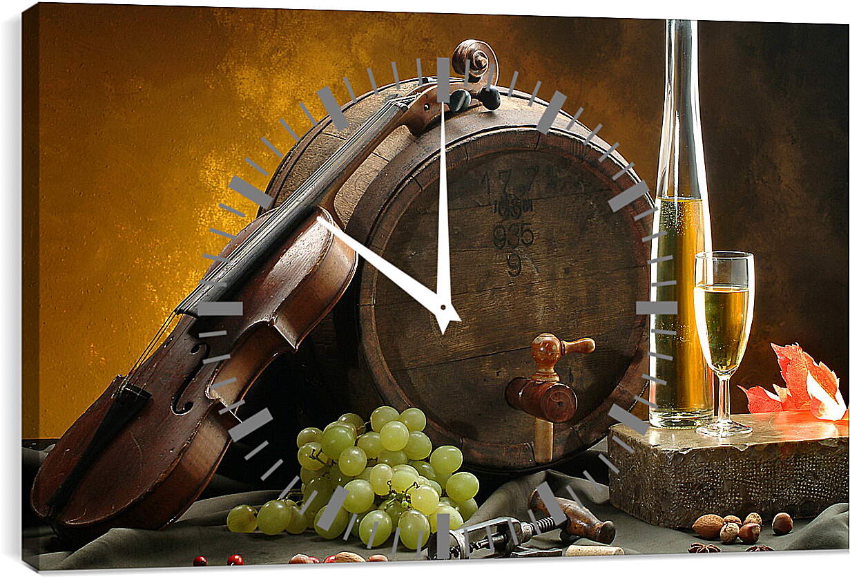 Часы картина - Скрипка, бочка, виноград, бутылка вина и бокал вина