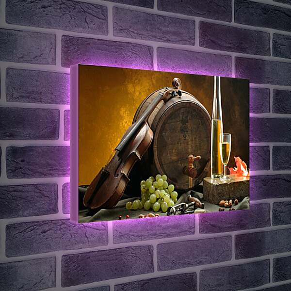Лайтбокс световая панель - Скрипка, бочка, виноград, бутылка вина и бокал вина