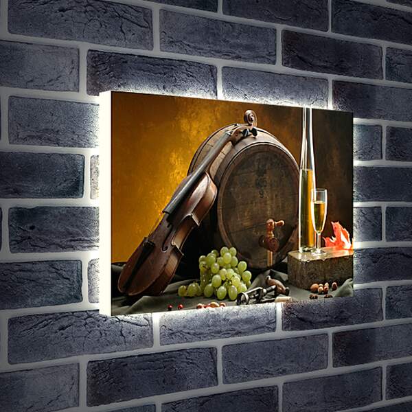 Лайтбокс световая панель - Скрипка, бочка, виноград, бутылка вина и бокал вина