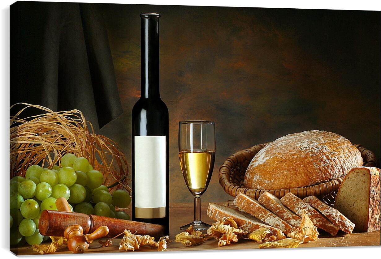Постер и плакат - Бутылка вина, бокал вина, хлеб и виноград