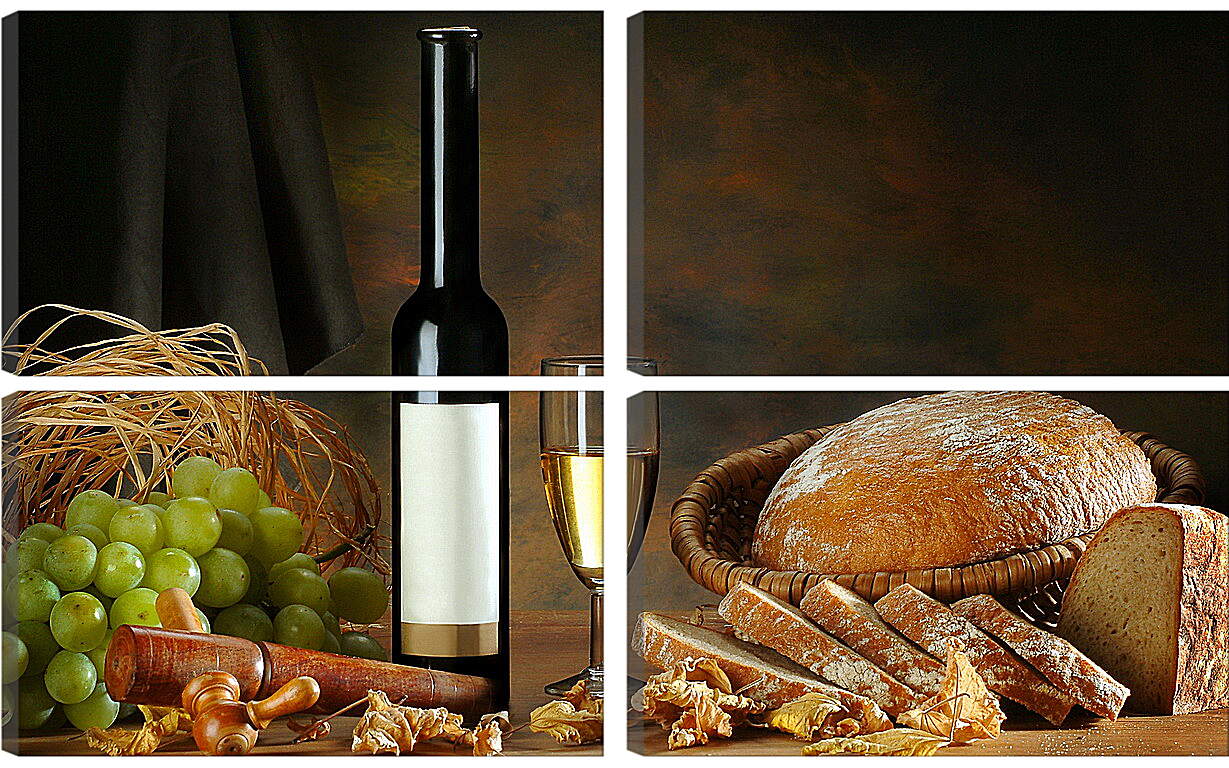 Модульная картина - Бутылка вина, бокал вина, хлеб и виноград