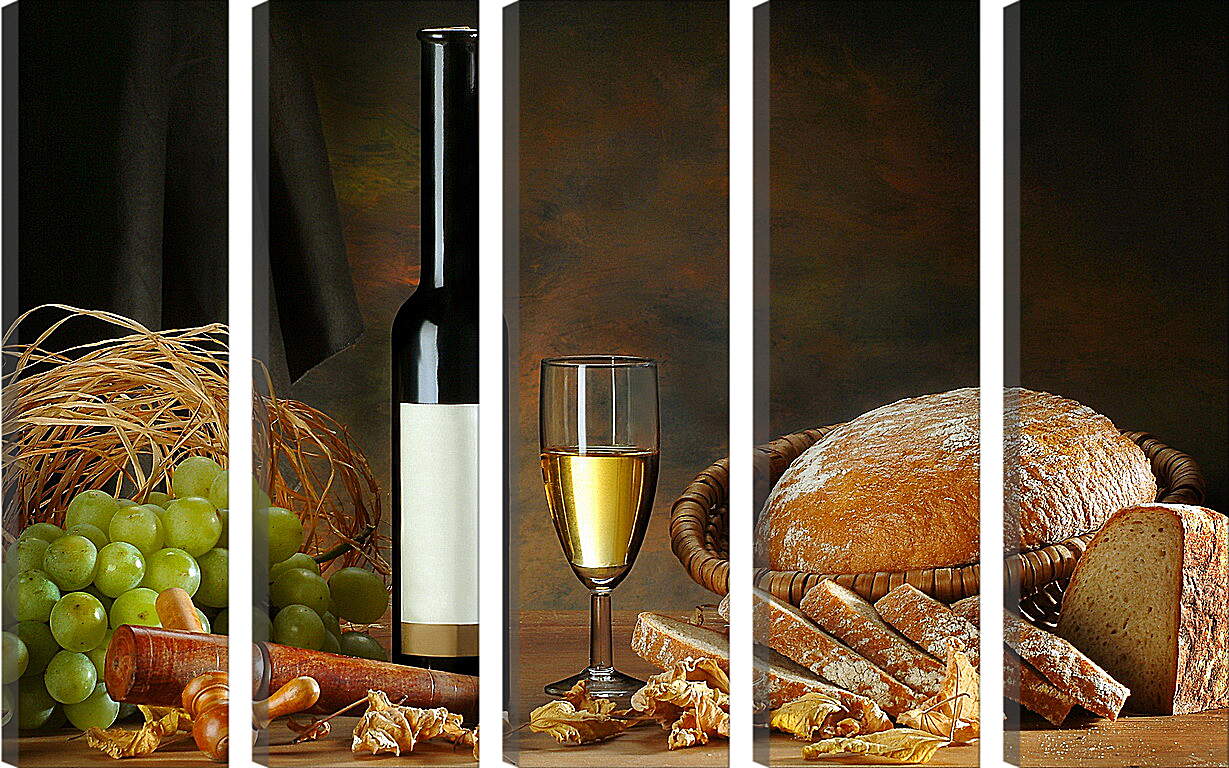 Модульная картина - Бутылка вина, бокал вина, хлеб и виноград