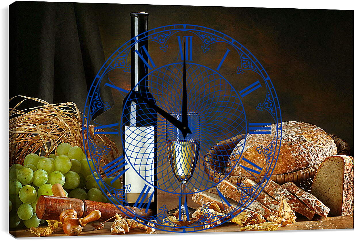 Часы картина - Бутылка вина, бокал вина, хлеб и виноград