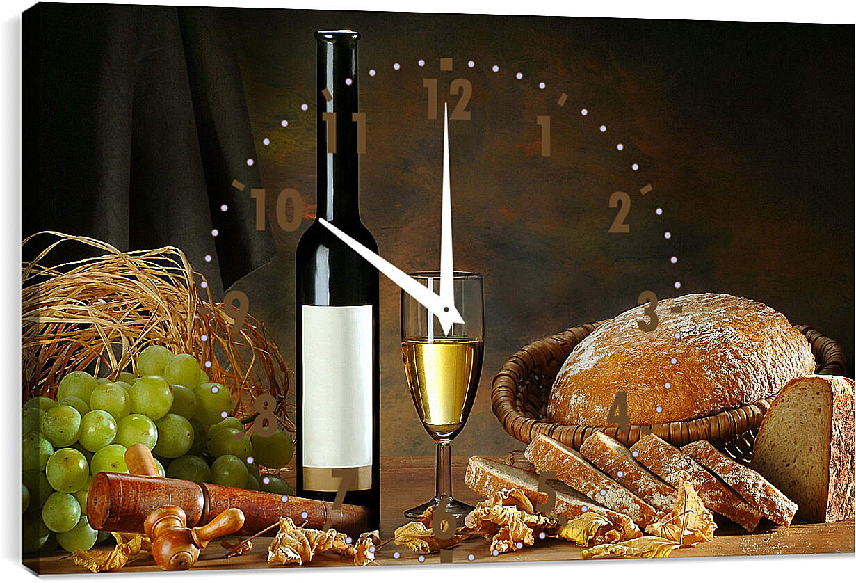Часы картина - Бутылка вина, бокал вина, хлеб и виноград