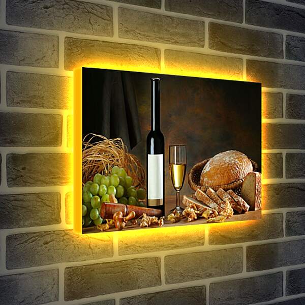 Лайтбокс световая панель - Бутылка вина, бокал вина, хлеб и виноград