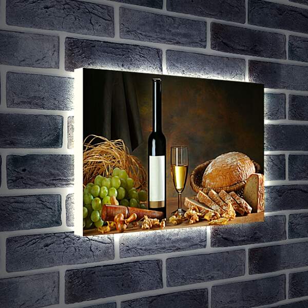 Лайтбокс световая панель - Бутылка вина, бокал вина, хлеб и виноград