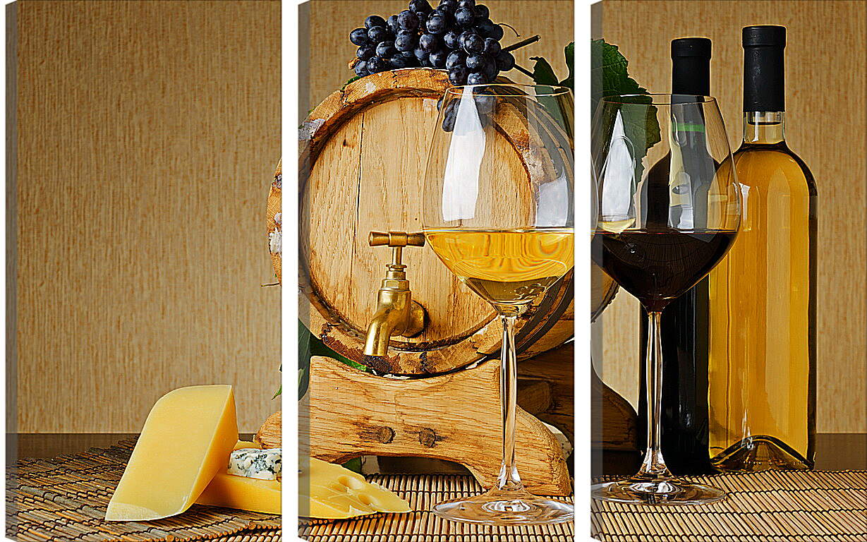 Модульная картина - Бочка, сыр, две бутылки, два бокала и виноград