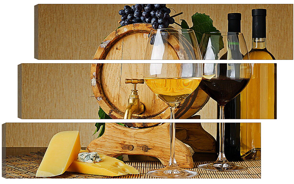 Модульная картина - Бочка, сыр, две бутылки, два бокала и виноград