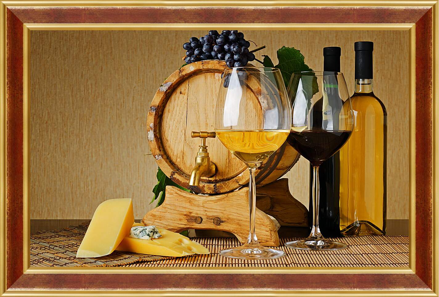 Картина в раме - Бочка, сыр, две бутылки, два бокала и виноград