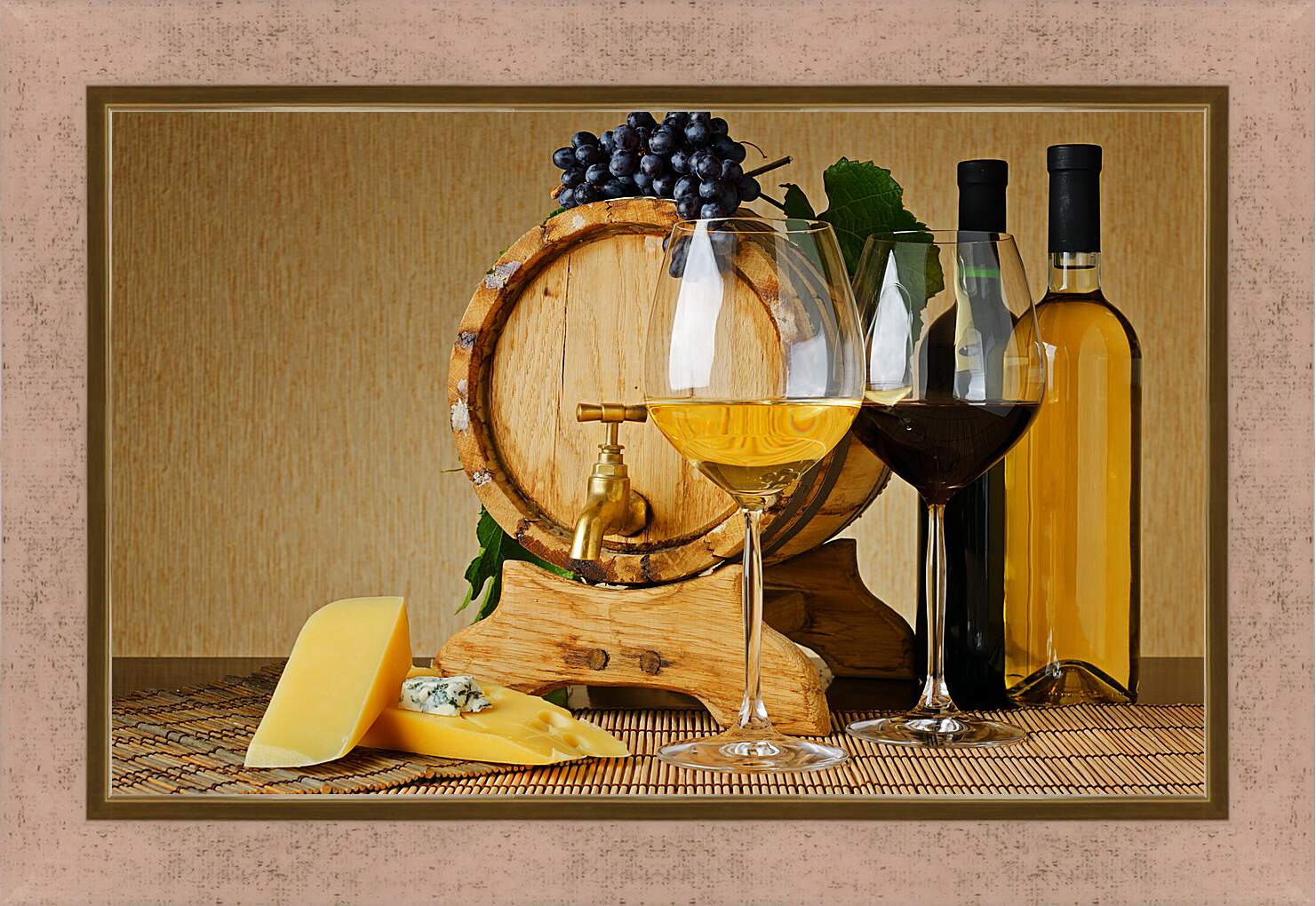 Картина в раме - Бочка, сыр, две бутылки, два бокала и виноград