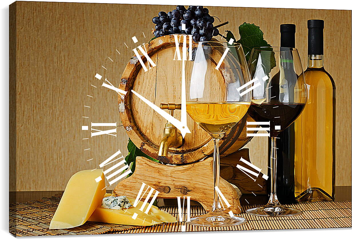 Часы картина - Бочка, сыр, две бутылки, два бокала и виноград