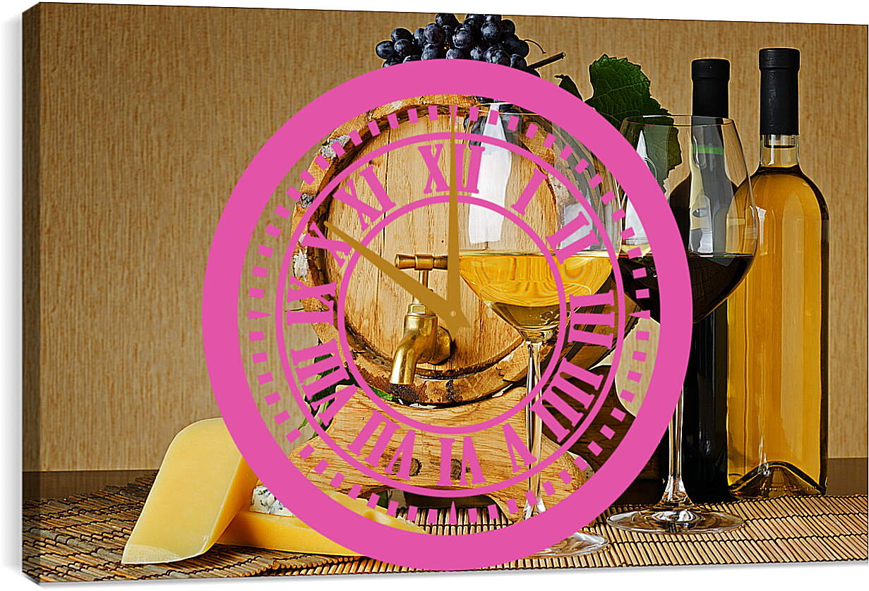 Часы картина - Бочка, сыр, две бутылки, два бокала и виноград