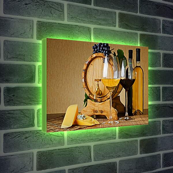 Лайтбокс световая панель - Бочка, сыр, две бутылки, два бокала и виноград