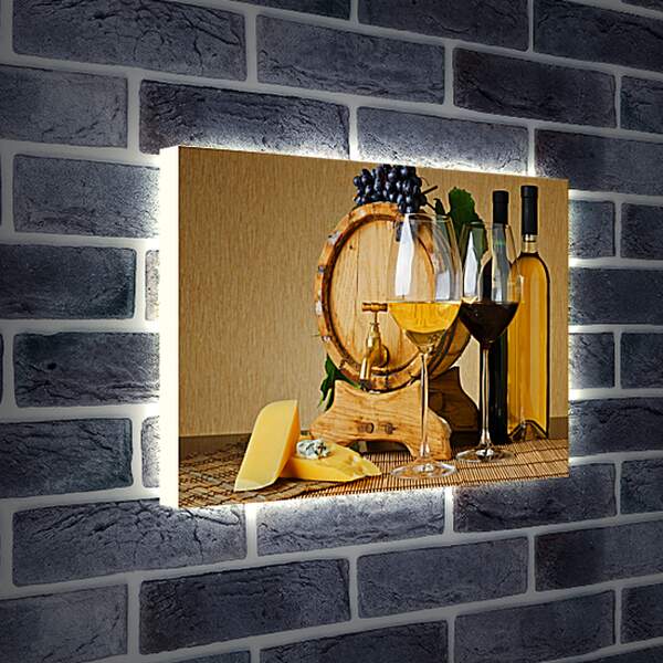 Лайтбокс световая панель - Бочка, сыр, две бутылки, два бокала и виноград