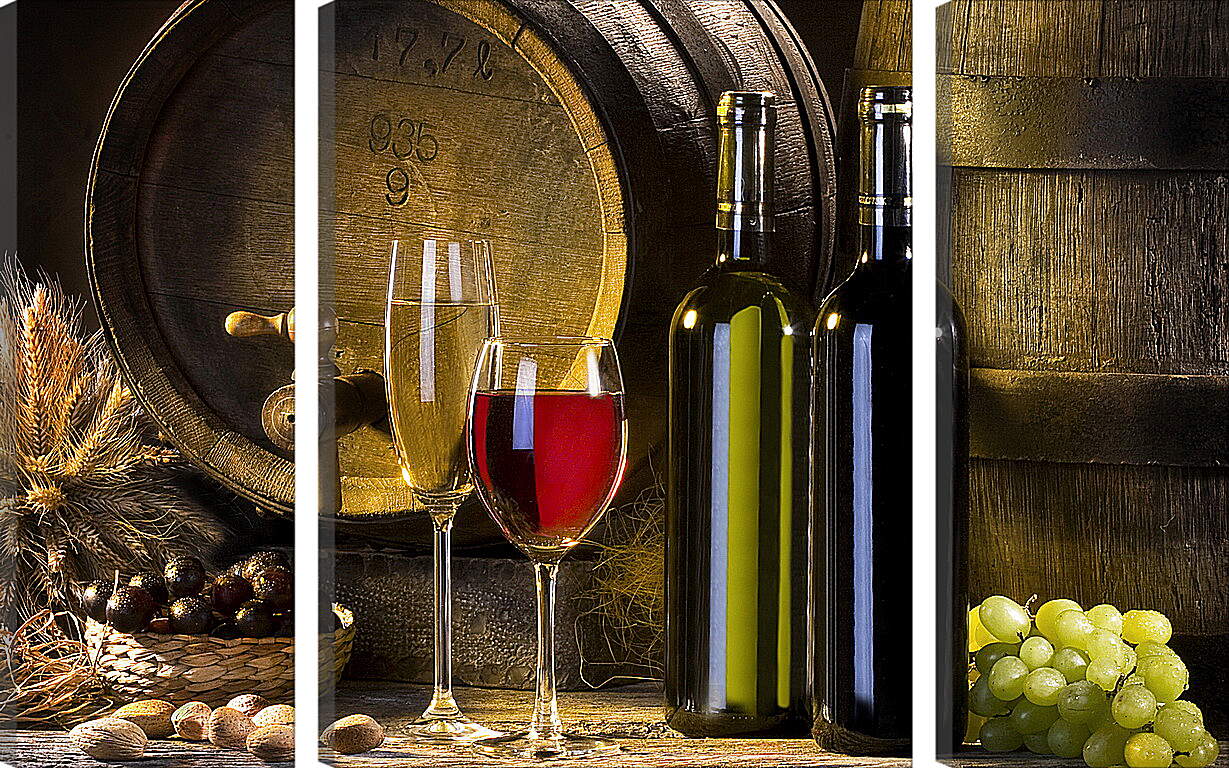 Модульная картина - Бочка, две бутылки, два бокала и виноград